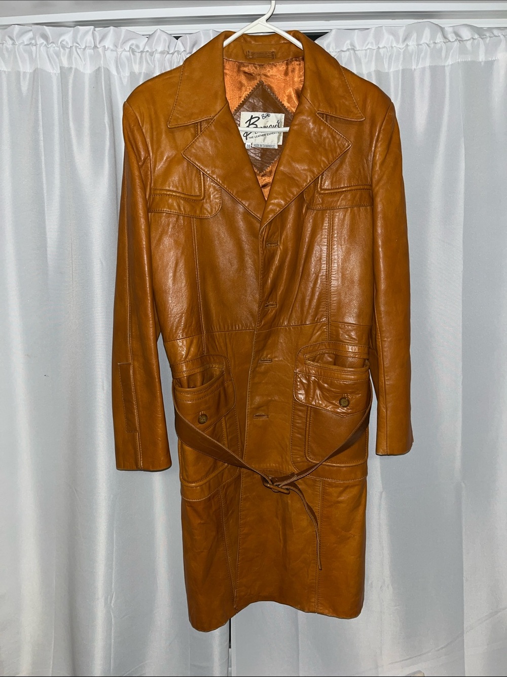Vintage Bermans Cognac/Tan Leather Trench Coat with Belt